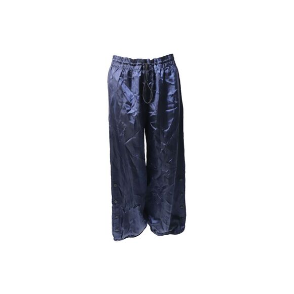 MONSE Pants - Monse Snap-Embellished Pinstriped Wide-Leg Pants in Navy Blue Satin